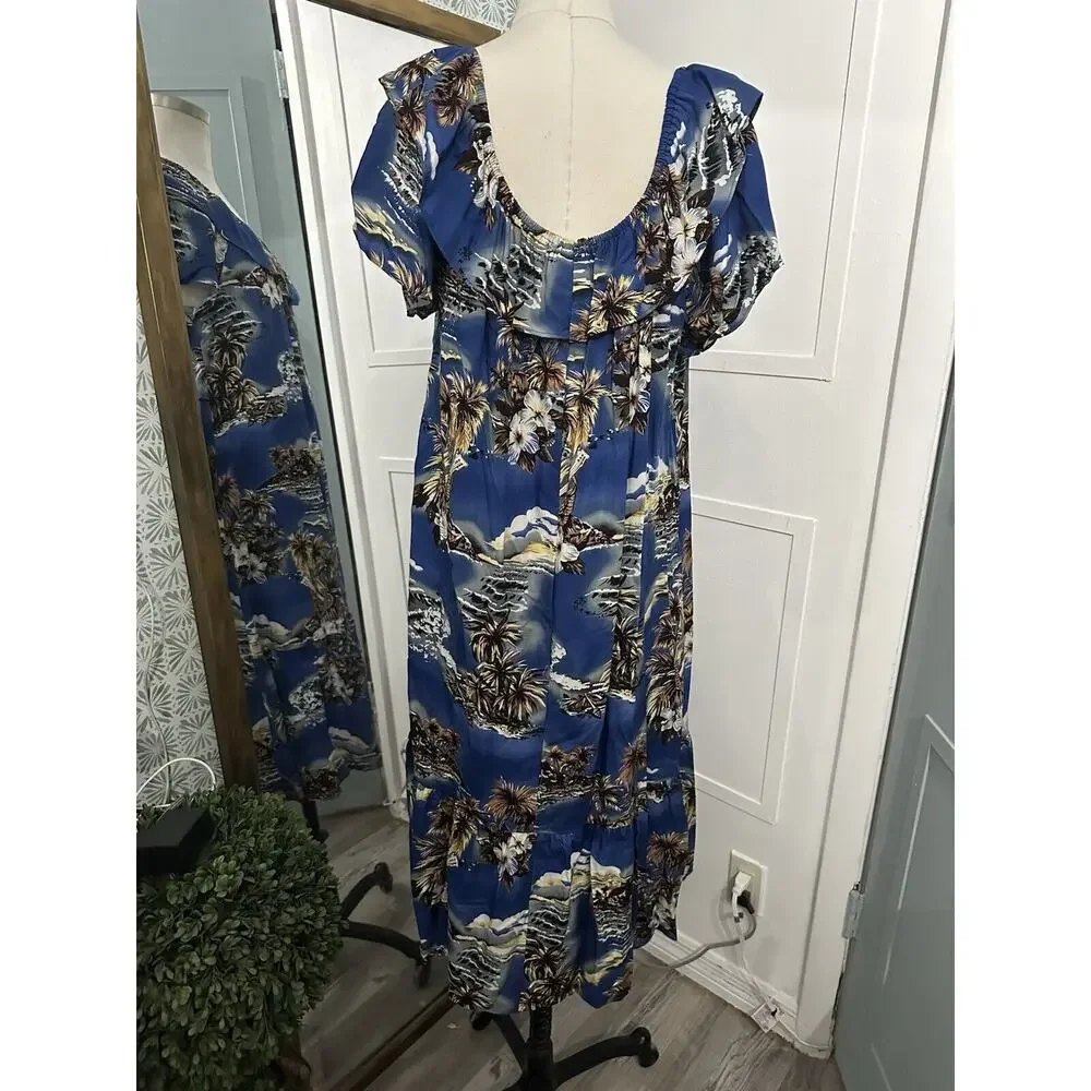 VINTAGE Hilo Hattie Women Dress Large Blue Floral Hawaiian Maxi Made in Hawaii - Picture 9 of 10